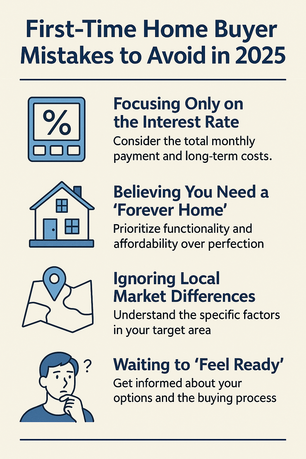 How First-Time Buyers Should Actually Evaluate Affordability in 2025 Affordability is not a number pulled from a calculator. It is a lived experience. First-time buyers who succeed in 2025 evaluate affordability through comfort, flexibility, and resilience rather than pushing to the maximum they are technically approved for. Mortgage pre-approvals often show the highest possible loan amount, not the healthiest one. Buyers who focus only on approval limits often feel house-poor quickly. A healthier approach is to define a monthly housing range that allows: Room for savings Room for lifestyle expenses Room for unexpected costs Room for future changes This mindset reduces stress and increases long-term satisfaction with the purchase. The First-Time Buyer Self-Test for 2025 If you are unsure whether buying makes sense right now, this short self-test helps frame the decision without pressure. Time Horizon Planning to stay less than 2 years, renting may still be appropriate. Planning to stay 3 years or more, buying becomes more competitive. Monthly Comfort Would a stable payment feel better than unpredictable rent increases? Can you comfortably handle housing costs without cutting essentials? Stability Is your income reasonably predictable? Do you have emergency savings separate from your down payment? Control vs Flexibility If flexibility matters most, renting may still fit. If control and long-term planning matter more, ownership may fit better. How to interpret your answers: If most answers lean toward stability and predictability, buying deserves serious consideration. If flexibility and uncertainty dominate, renting may still serve your current stage. Why Local Knowledge Matters More Than Ever National advice is useful, but housing decisions are ultimately local. Taxes, insurance, commute patterns, and inventory vary dramatically by region. This is why buyers increasingly rely on local educational resources, not just national averages. Understanding how a national trend shows up in a specific community helps buyers avoid surprises. For buyers researching Midwest affordability, particularly in Northwest Indiana, local guides and market explanations published by brokerages like Realest help translate national data into real expectations. These resources are available at https://www.realest.com/blog. Common Emotional Traps First-Time Buyers Fall Into Buying a first home is emotional. That does not make buyers irrational, but it does make certain traps more likely. Fear of missing out, rushing decisions Fear of overpaying, delaying indefinitely Comparison paralysis, analyzing too many options Perfectionism, waiting for a home that does not exist The most successful buyers acknowledge these emotions without letting them drive the decision. What Successful First-Time Buyers Do Differently Buyers who feel good about their decision years later tend to share common habits: They focus on monthly comfort, not maximum approval They understand their local market They accept tradeoffs consciously They plan for 3 to 5 years, not forever They view buying as stability, not speculation This mindset creates confidence, even in uncertain markets. Frequently Asked Questions Is 2025 a bad year to buy a first home? No year is universally good or bad. The right time depends on affordability, stability, and local market conditions. Should first-time buyers wait for rates to drop? Waiting may help, but rising rents and prices often offset rate changes. Payment comfort matters more than timing. How much should first-time buyers put down? Down payment requirements vary by loan type. Many buyers qualify with less than twenty percent, depending on program eligibility. Is buying risky for first-time buyers? Buying involves responsibility, but long-term risk is often lower than renting due to equity growth and payment stability. Where can I learn without sales pressure? The Consumer Financial Protection Bureau offers neutral guidance at consumerfinance.gov. Local market education can be found at realest.com/blog. Next step, only if you want one: If you want to explore real housing options and price ranges in your area, you can browse available listings using the search tool below. Browsing is free and does not require commitment. Image Metadata (Copy Into CMS) Image Alt Text: First-time home buyer guide in 2025 explaining common mistakes and how to avoid them Image Title: First-Time Home Buyer Mistakes to Avoid in 2025 Image Description: Educational graphic used in a RealEstateUSA.com guide explaining first-time home buyer mistakes, affordability considerations, and decision-making tips for 2025.