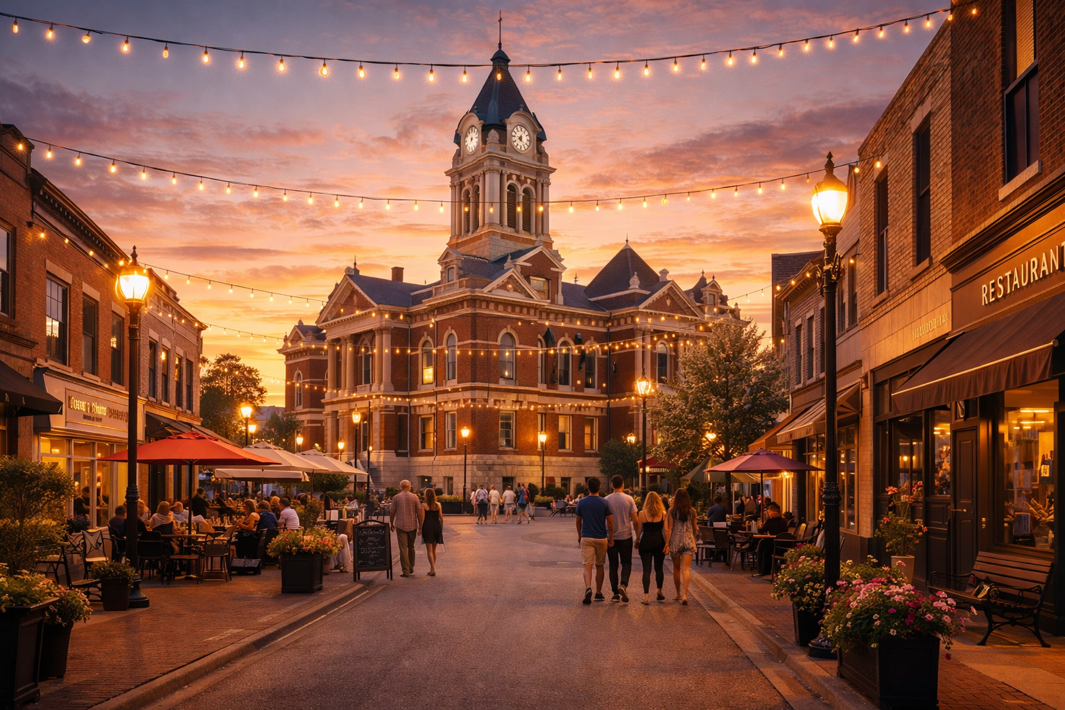 Crown Point Historic Courthouse Square at sunset in Lake County, Indiana with outdoor caf&eacute;s and string lights