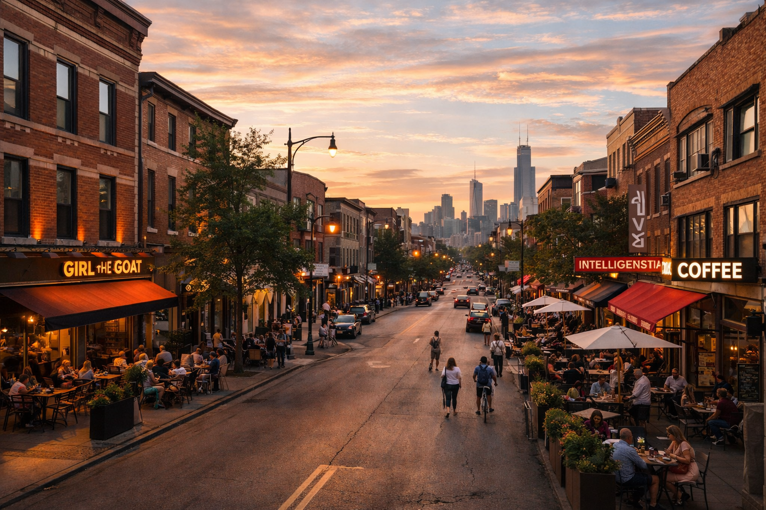 Chicago neighborhood street with local restaurants and coffee shops reflecting daily lifestyle