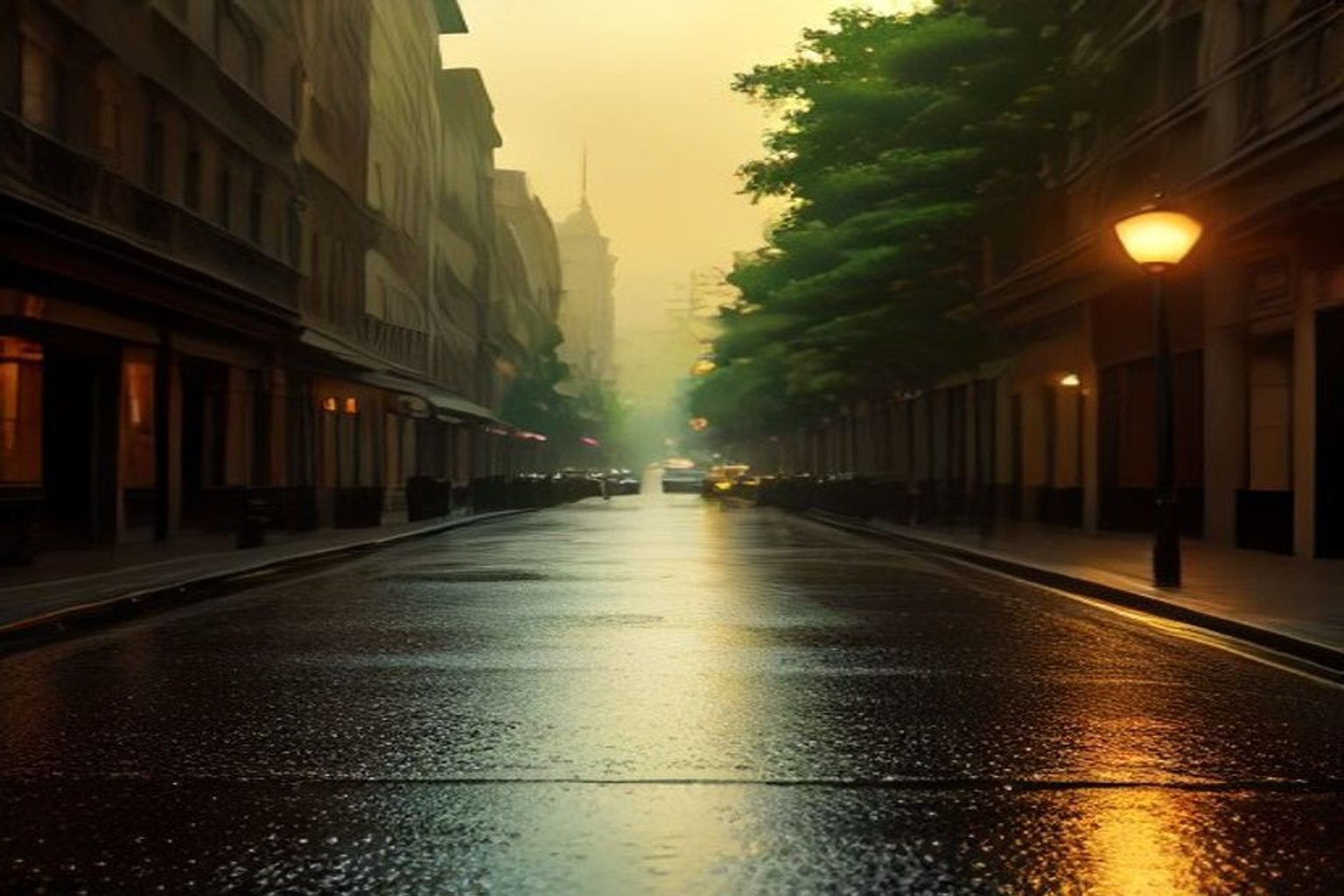Golden-hour scenic illustration of a golf village street, no text overlay