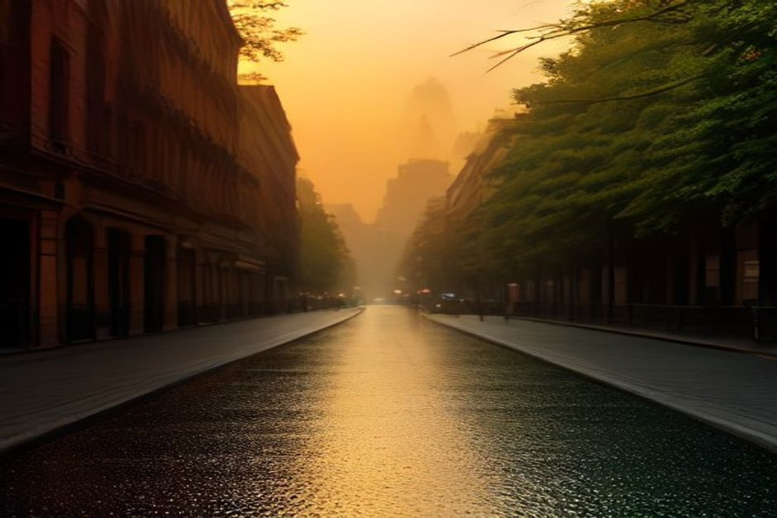 Golden-hour scenic illustration of a new construction woods street, no text overlay