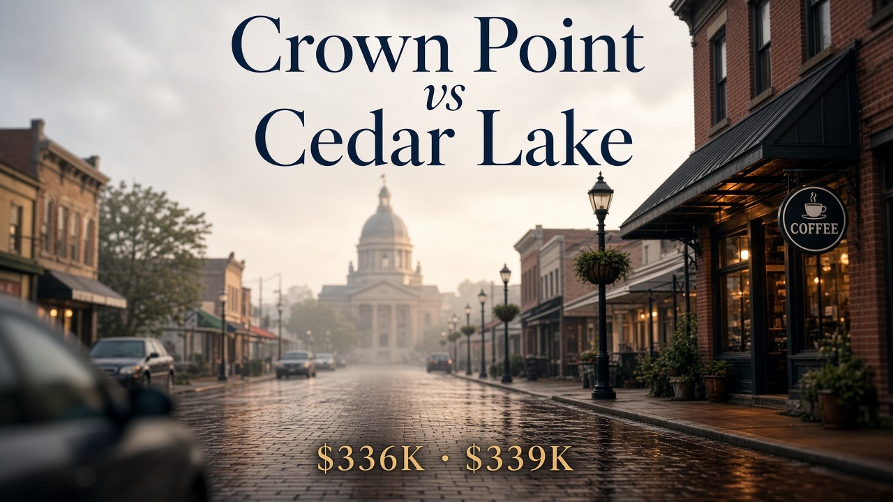 Crown Point vs Cedar Lake &mdash; South Main Square courthouse street versus lake living, almost-even medians $336K and $339K