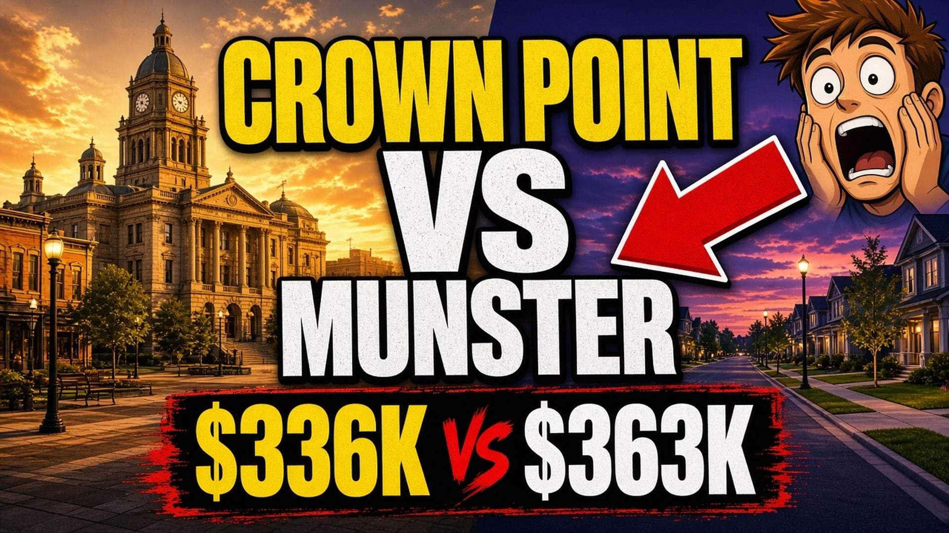 Crown Point vs Munster &mdash; bold Mr Beast style comparison thumbnail for Northwest Indiana buyers