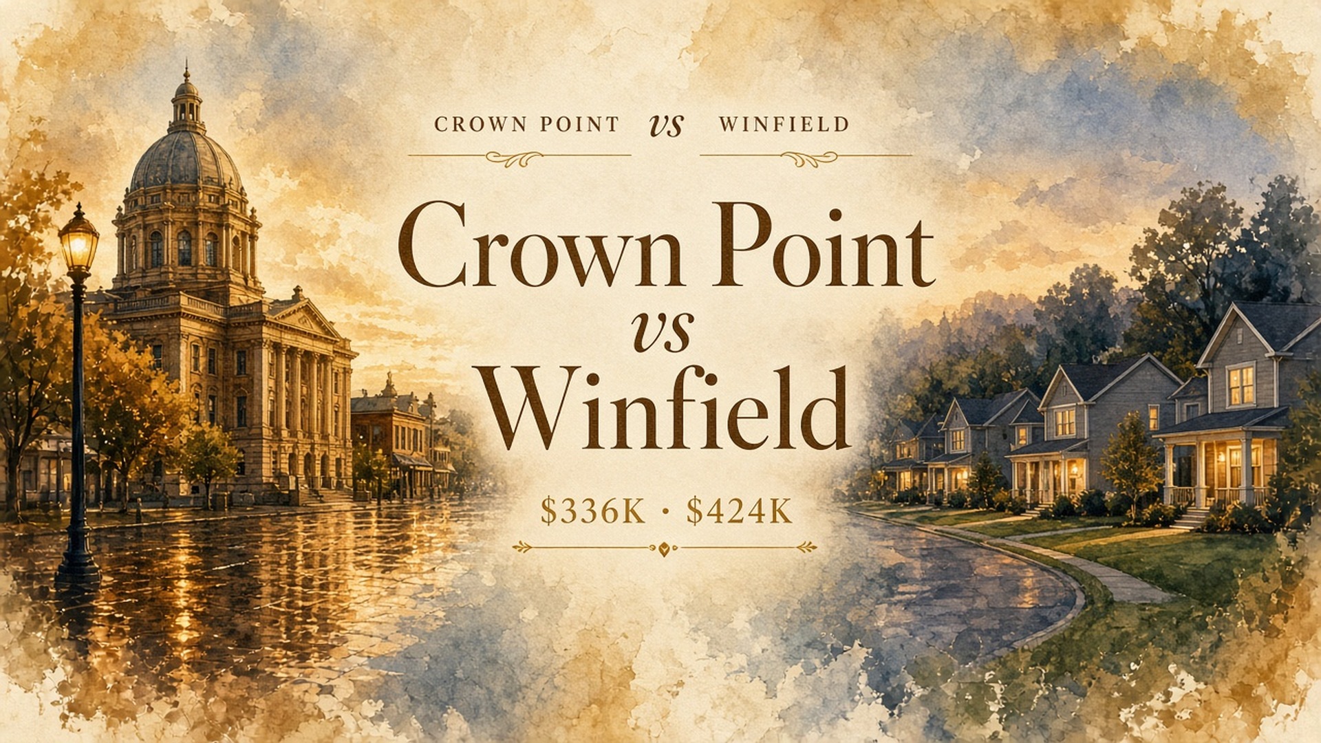 Crown Point vs Winfield &mdash; rich watercolor streetscape, courthouse dome Square versus Winfield porch-lit homes, $336K &bull; $424K