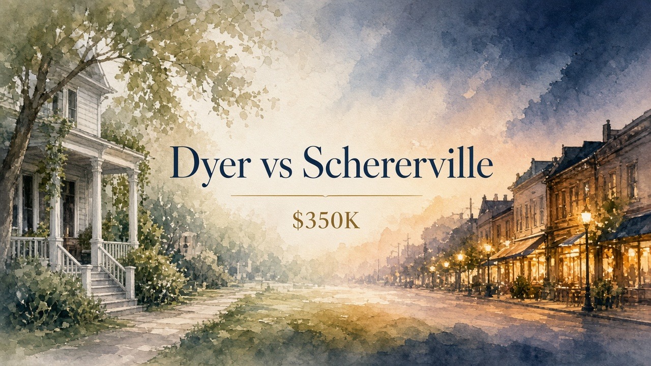 Dyer vs Schererville &mdash; quiet Illinois-border living versus Crossroads hub, almost-even medians