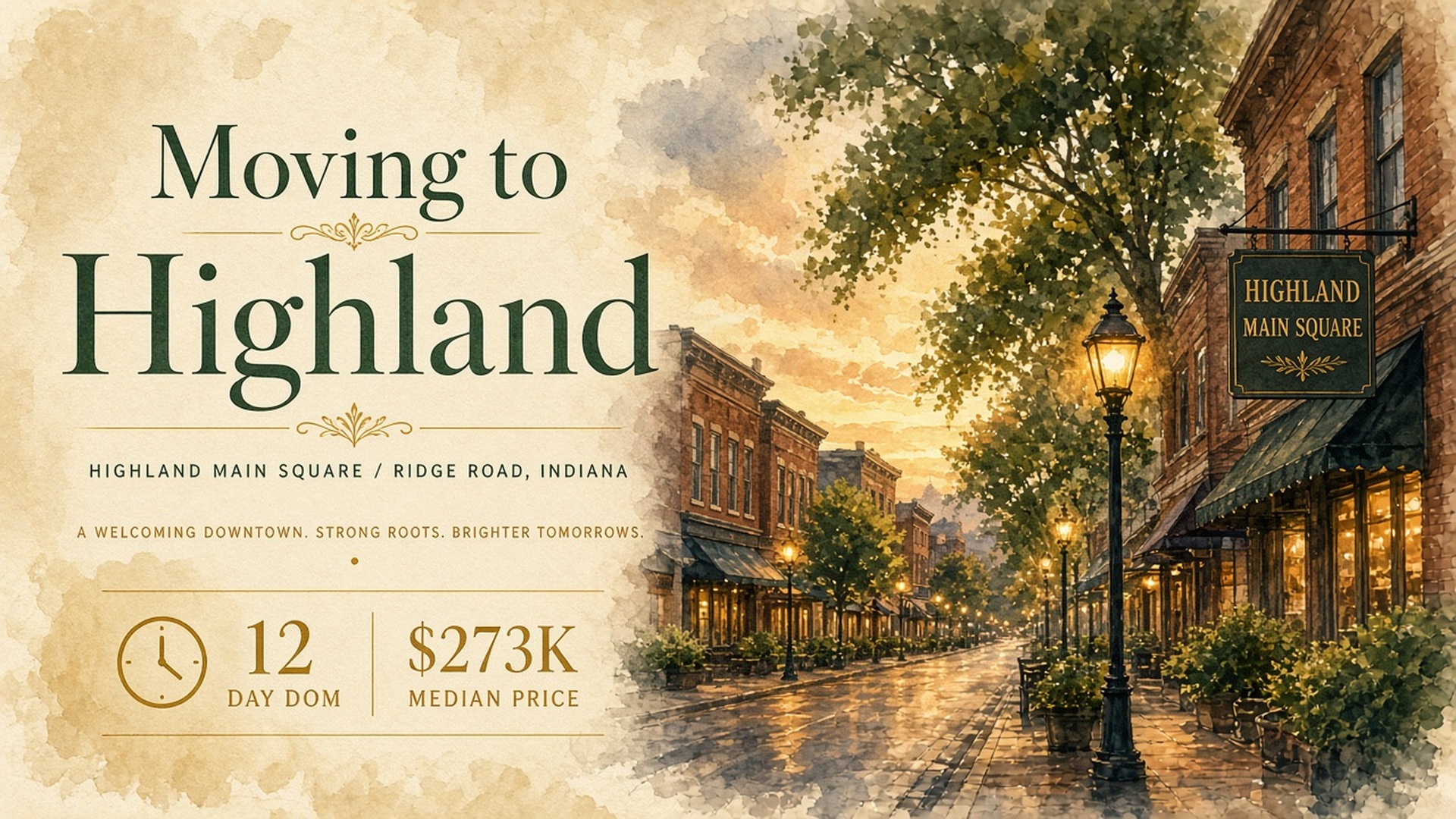 Moving to Highland Indiana &mdash; elegant Main Square watercolor cover with Moving to Highland title