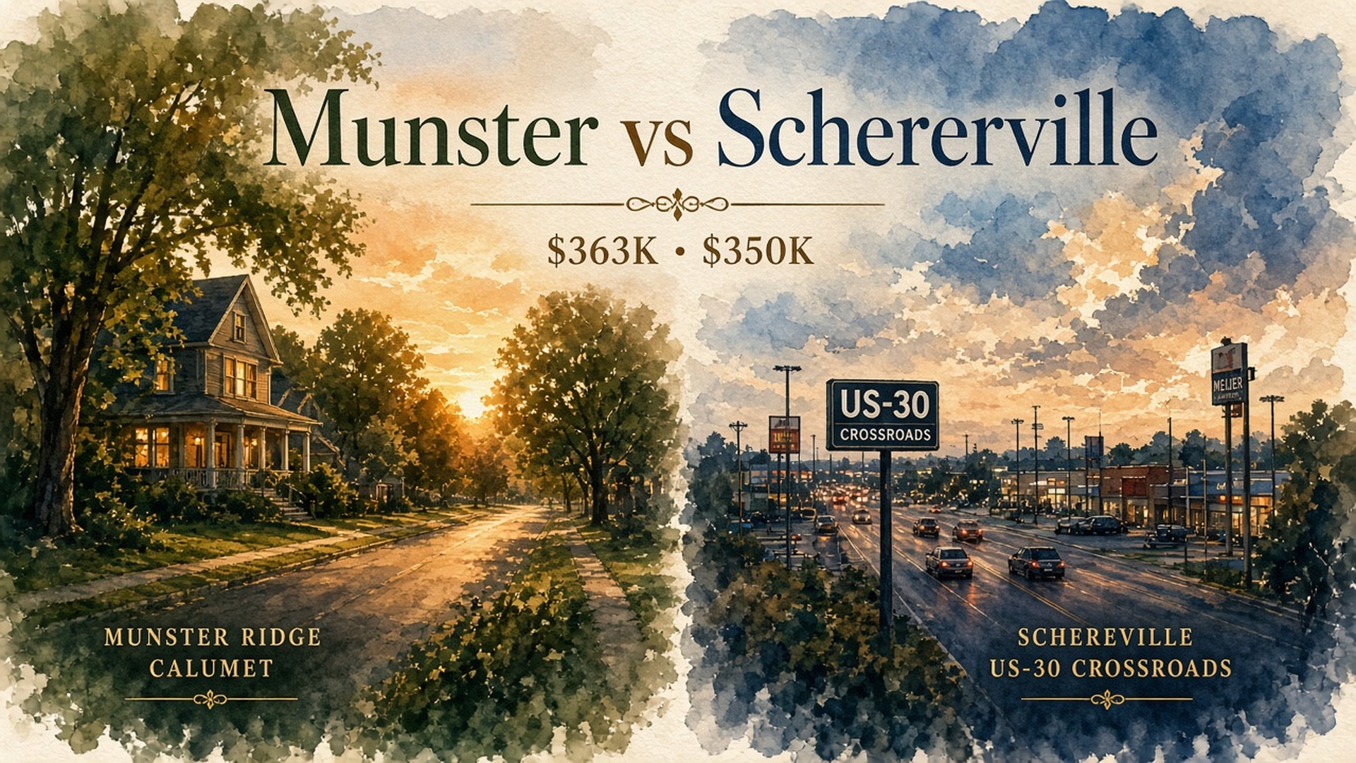 Munster vs Schererville &mdash; watercolor streetscape cover, Ridge Calumet porch light versus US-30 crossroads dusk