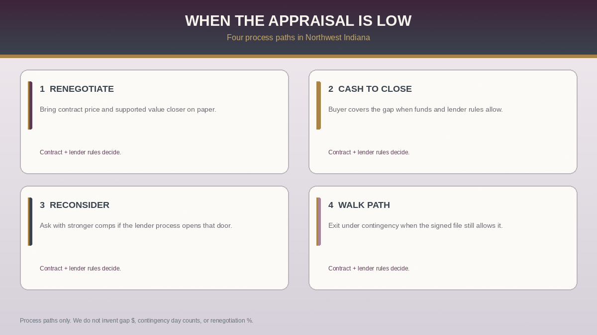 Buyer and seller paths when appraisal is low in Northwest Indiana: renegotiate price, buyer cash to close the gap, challenge with comps, or walk under contingency