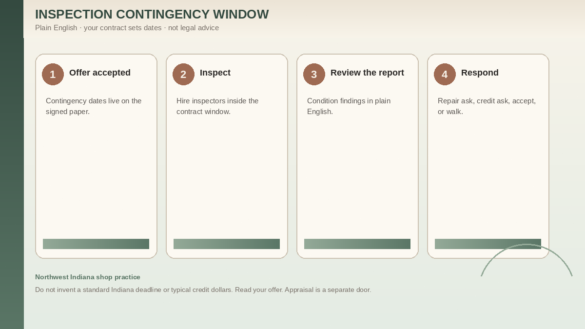 Home inspection contingency window: inspect, then repair request, credit, accept, or walk