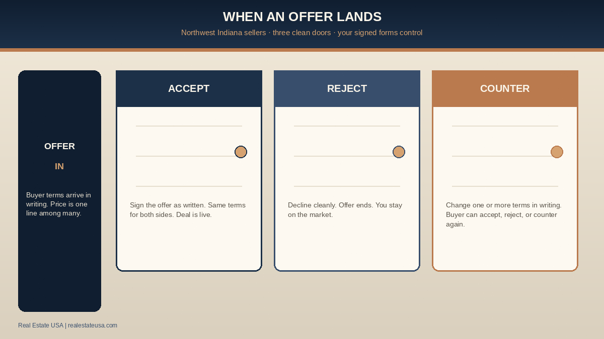 Seller counteroffer doors in Northwest Indiana: accept the offer, reject it, or send a written counter