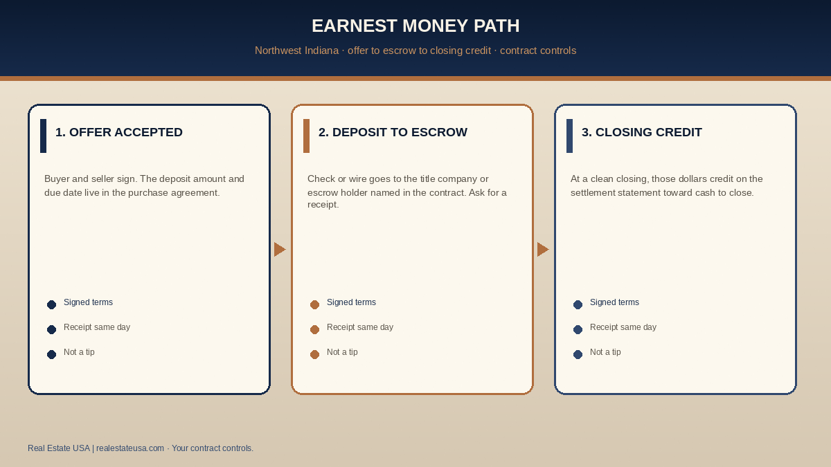 Earnest money path in Northwest Indiana: offer accepted, deposit to escrow, then closing credit or contingency return
