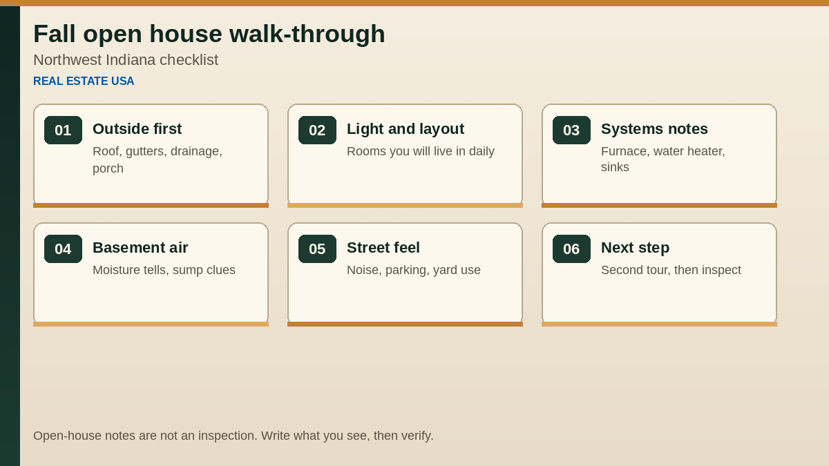 Fall open house walk-through checklist for Northwest Indiana: outside, light and layout, systems, basement, street feel, next steps