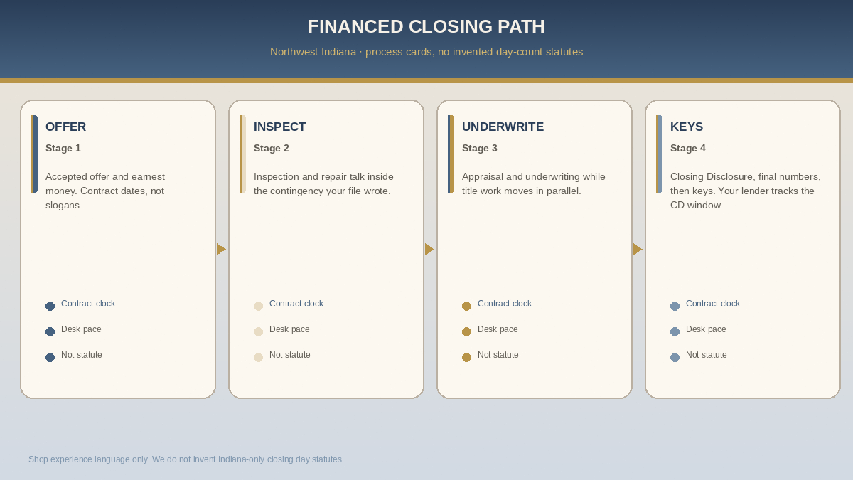 Northwest Indiana financed closing path: accepted offer, inspection, underwriting and appraisal, Closing Disclosure and keys