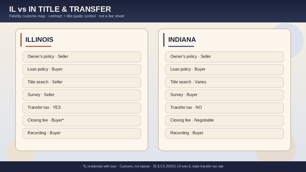 Illinois vs Indiana title and transfer customs: owner policy, loan policy, survey, transfer tax