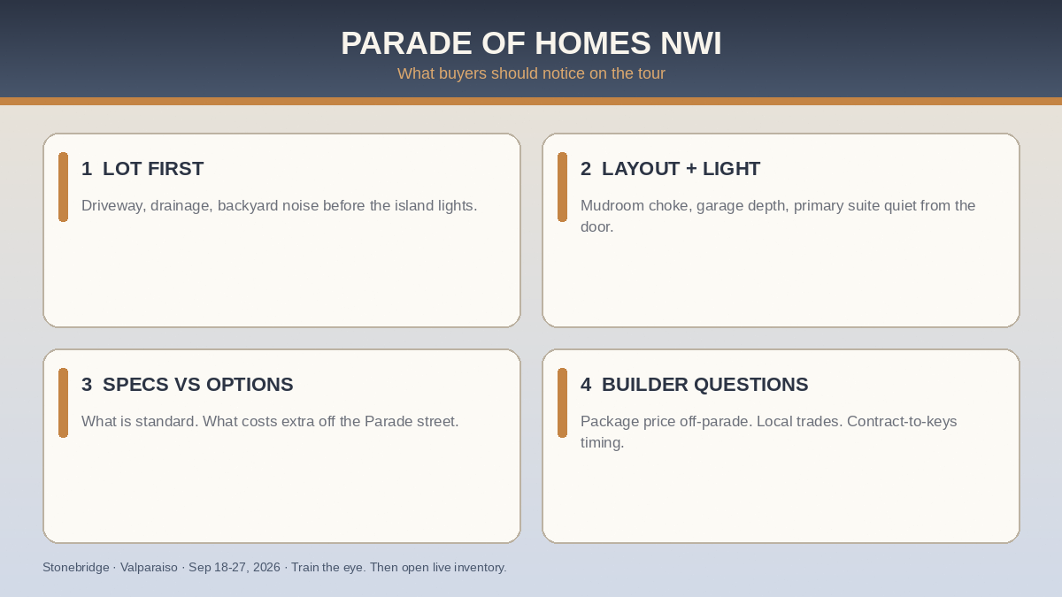 Parade of Homes NWI buyer checklist: lot and drainage, layout and light, specs vs options, builder questions