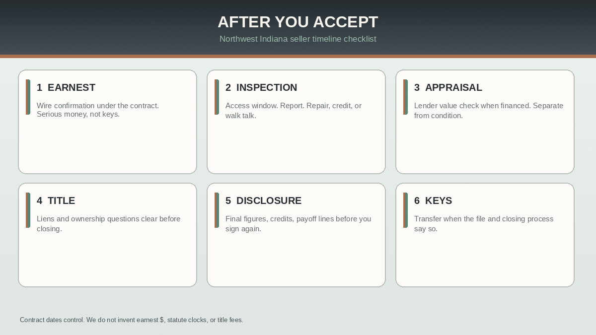Post-acceptance timeline checklist for Northwest Indiana sellers: earnest, inspection, appraisal, title, closing, keys