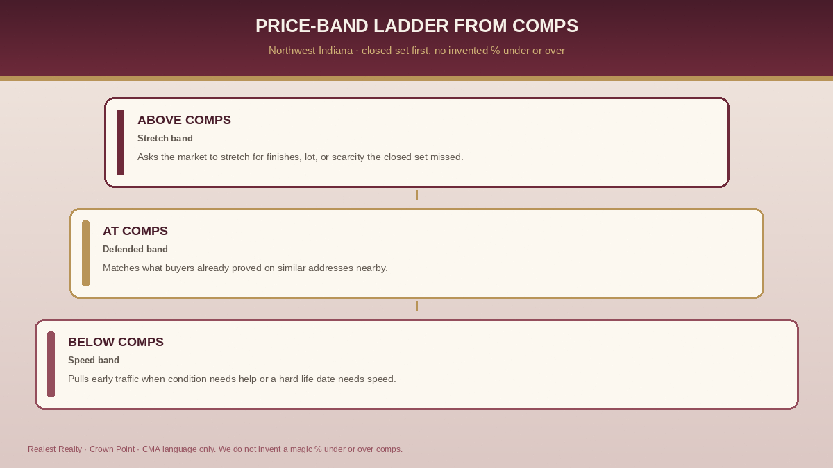 Northwest Indiana list-price ladder from comps: below comps, at comps, and above comps bands