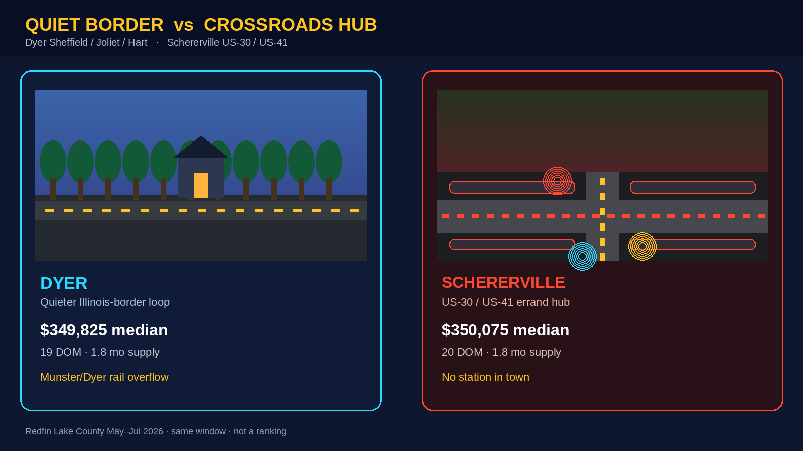 Quiet border Dyer versus Schererville hub map card &mdash; Sheffield Joliet loop versus US-30 US-41 with almost-even May through July 2026 medians