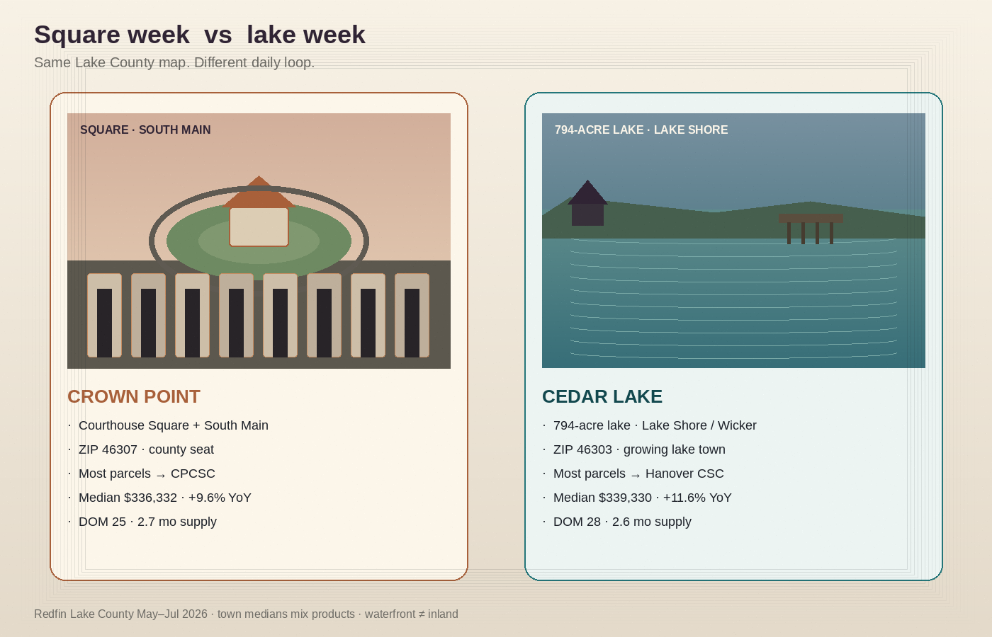 Crown Point courthouse square week versus Cedar Lake 794-acre lake week map card with same May through July 2026 medians