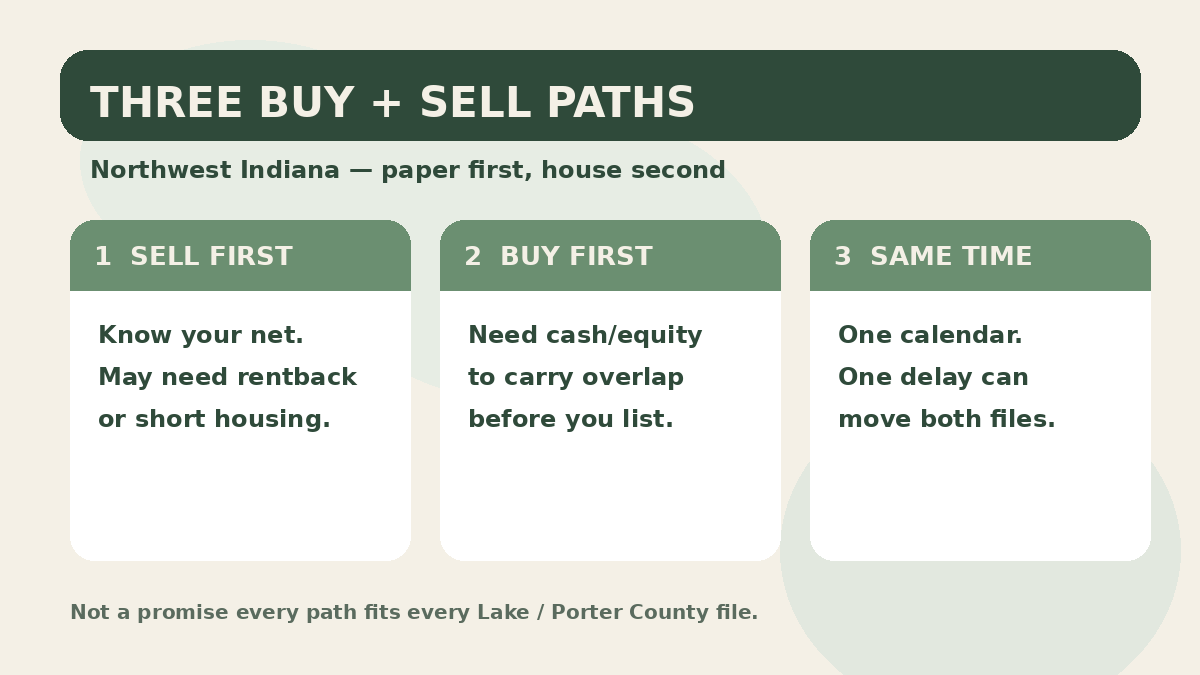 Three buy-and-sell paths in Northwest Indiana: sell first, buy first, or simultaneous close