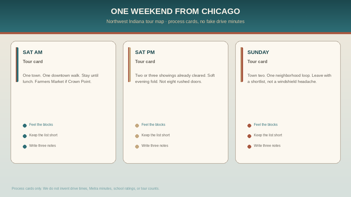 Weekend tour map for Northwest Indiana from Chicago: Saturday morning downtown walk, Saturday afternoon showings, Sunday second town and shortlist