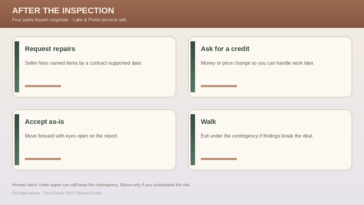 After inspection paths: request repairs, ask for credit, accept as-is, or walk