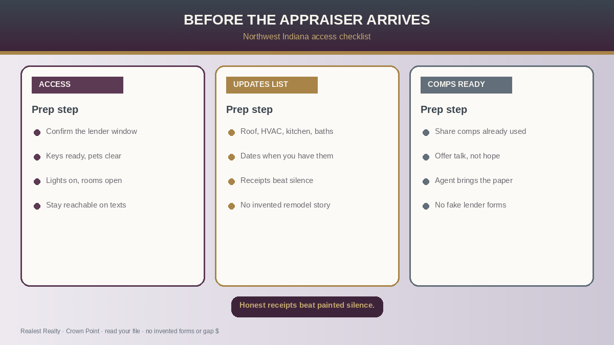 What to prepare before the appraiser visits in Northwest Indiana: access, updates list, comps your agent already used