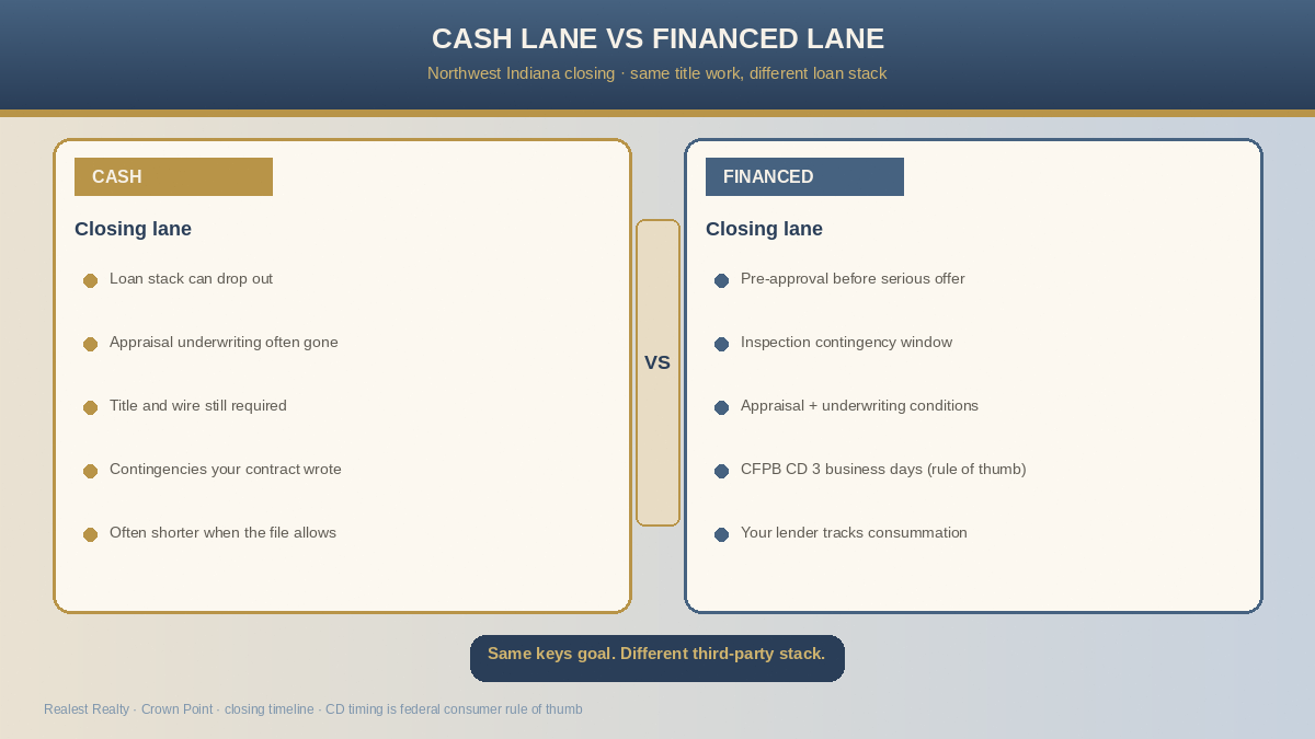 Cash versus financed closing lanes in Northwest Indiana: cash drops loan stack, financed keeps underwriting and Closing Disclosure timing