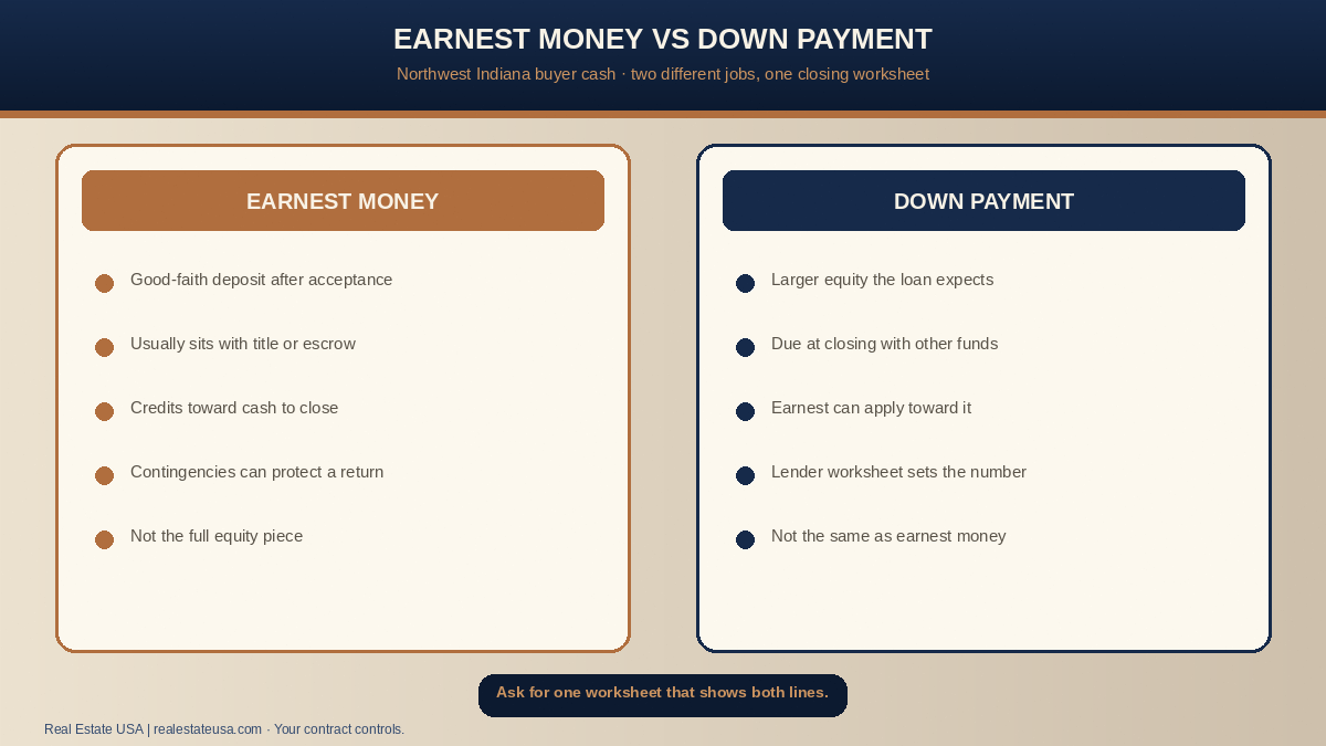 Earnest money versus down payment in Northwest Indiana: good-faith deposit during the contract versus equity at closing
