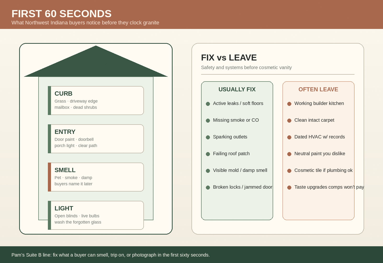 First sixty seconds buyer notice map and fix vs leave before listing in Northwest Indiana