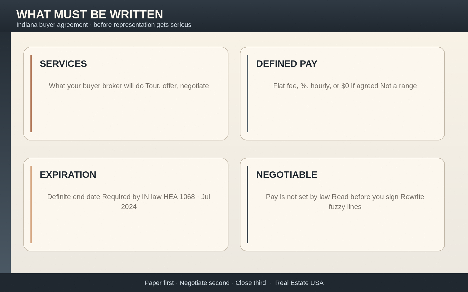 What must be in writing on an Indiana buyer agreement: services, defined pay, expiration, negotiable disclaimer
