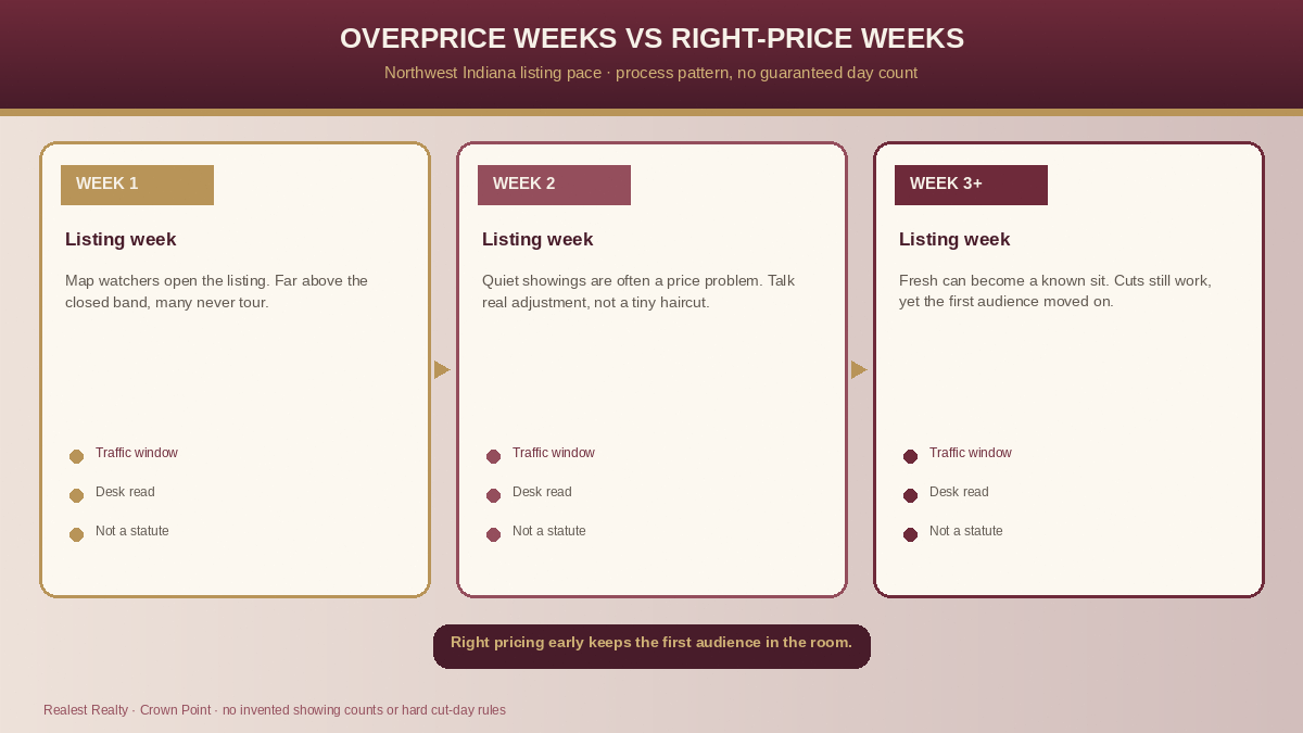 Overprice versus right-price listing weeks in Northwest Indiana: early traffic, quiet second week, and later cut risk