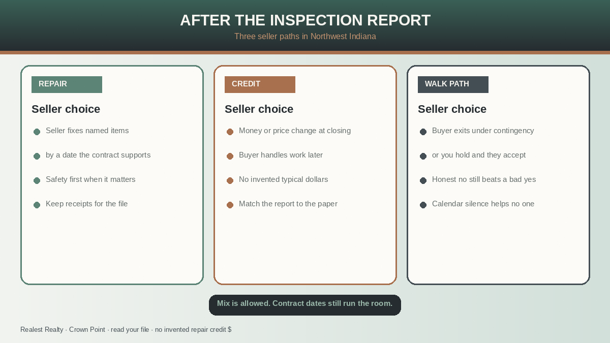 Seller paths after inspection in Northwest Indiana: repair, credit, or walk under the contingency