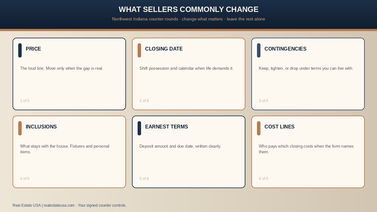 What Northwest Indiana sellers commonly change in a counteroffer: price, dates, contingencies, inclusions, and earnest terms