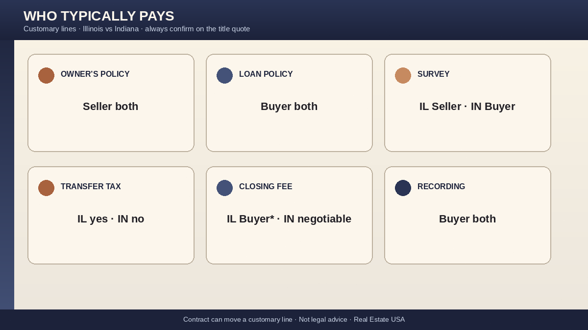 Who typically pays each closing line in Illinois vs Indiana: owner policy, loan policy, survey, transfer tax, closing fee