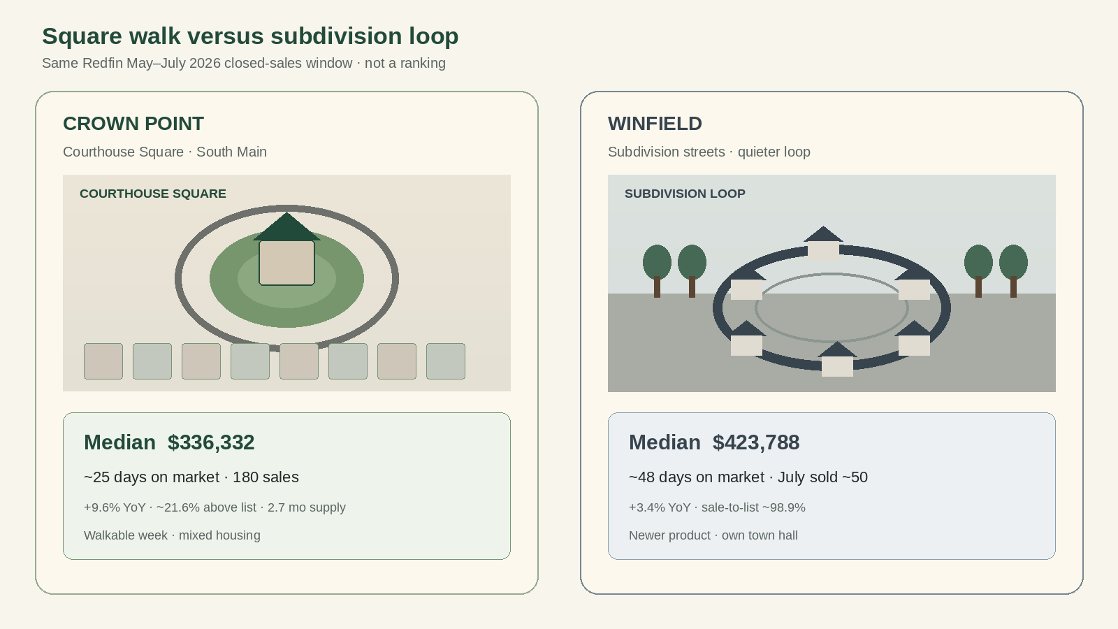 Crown Point Square walk versus Winfield subdivision loop map-card with same-window Redfin May through July 2026 medians $336,332 and $423,788