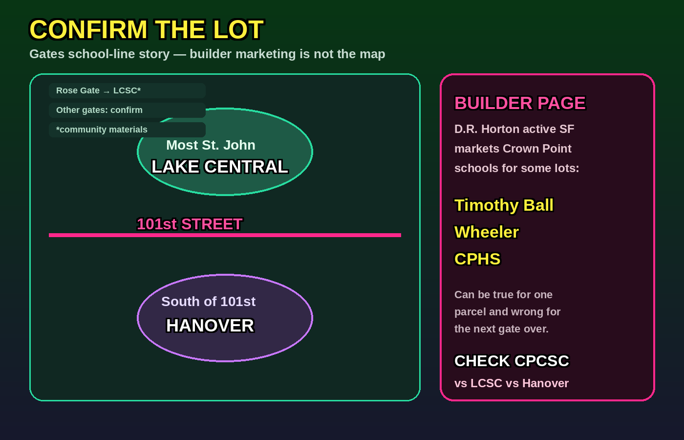 Gates school-line confirm map &mdash; 101st Street, Lake Central vs Hanover vs builder Crown Point marketing &mdash; confirm the lot