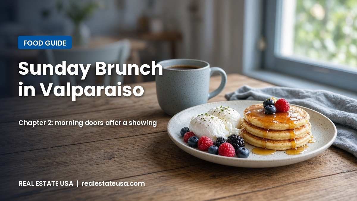 Sunday brunch in Valparaiso: pancakes, poached eggs, berries and coffee on a wooden table