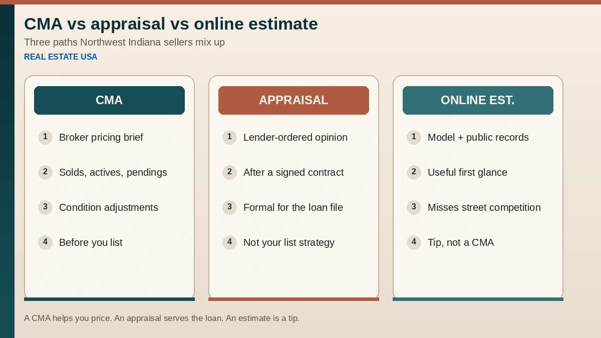 CMA versus appraisal versus online estimate for Northwest Indiana sellers: three paths compared