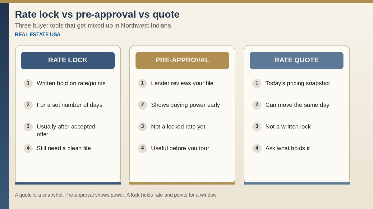 Rate lock versus pre-approval versus rate quote for Northwest Indiana buyers: three tools compared