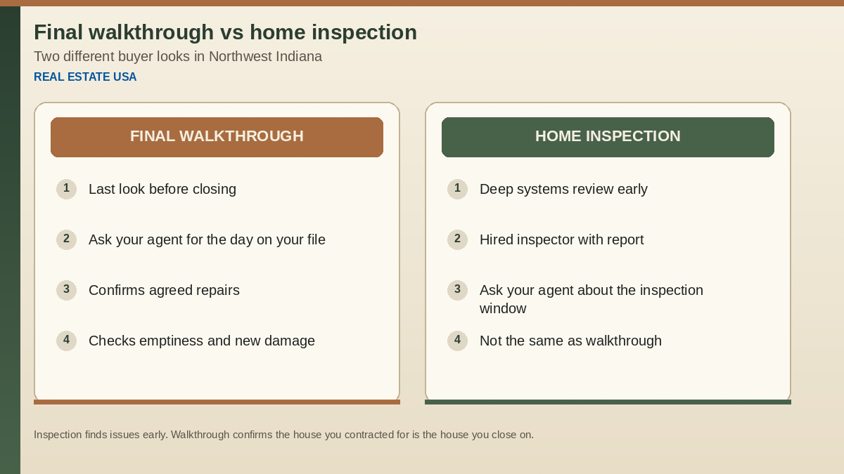 Final walkthrough versus home inspection for Northwest Indiana buyers: last look before closing compared with early systems review