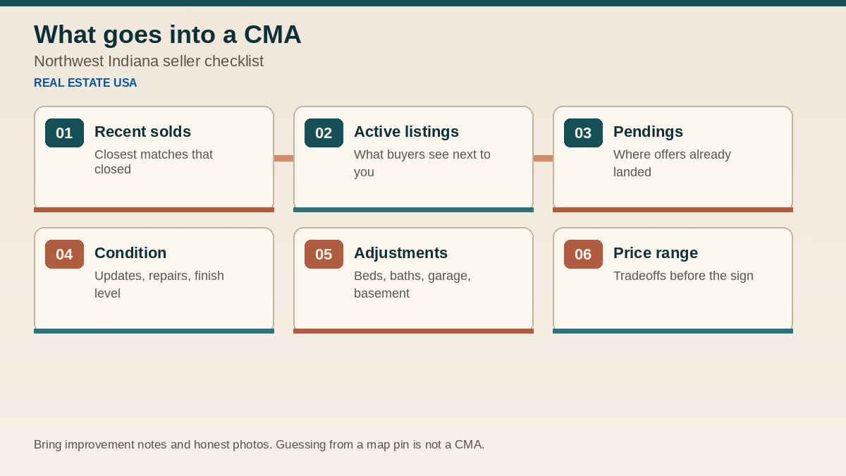 What goes into a CMA checklist for Northwest Indiana sellers: solds, actives, pendings, condition, updates, competition