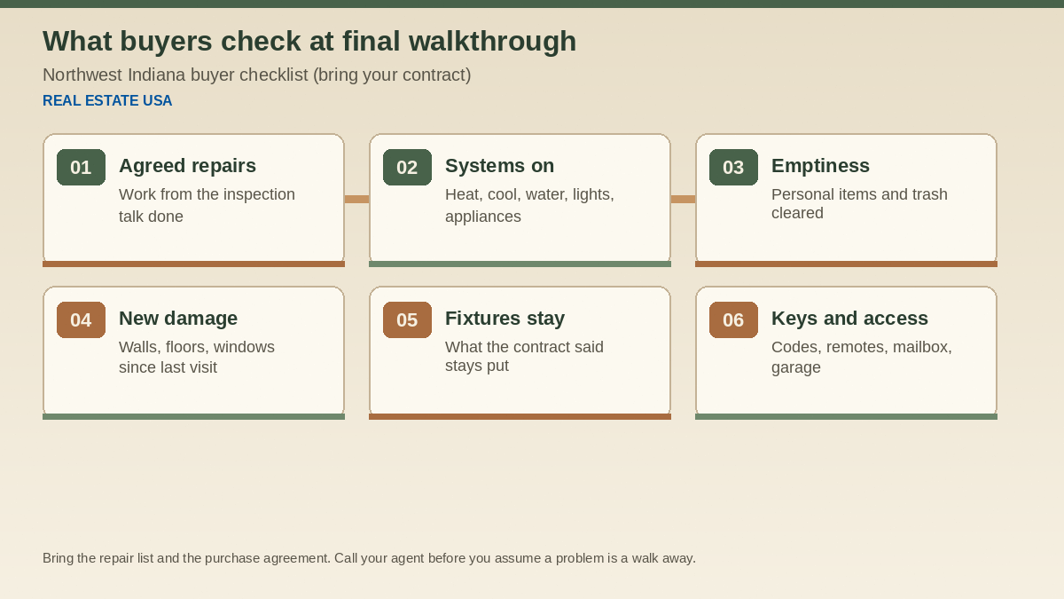 What buyers check at a final walkthrough in Northwest Indiana: agreed repairs, systems, emptiness, new damage, fixtures, keys