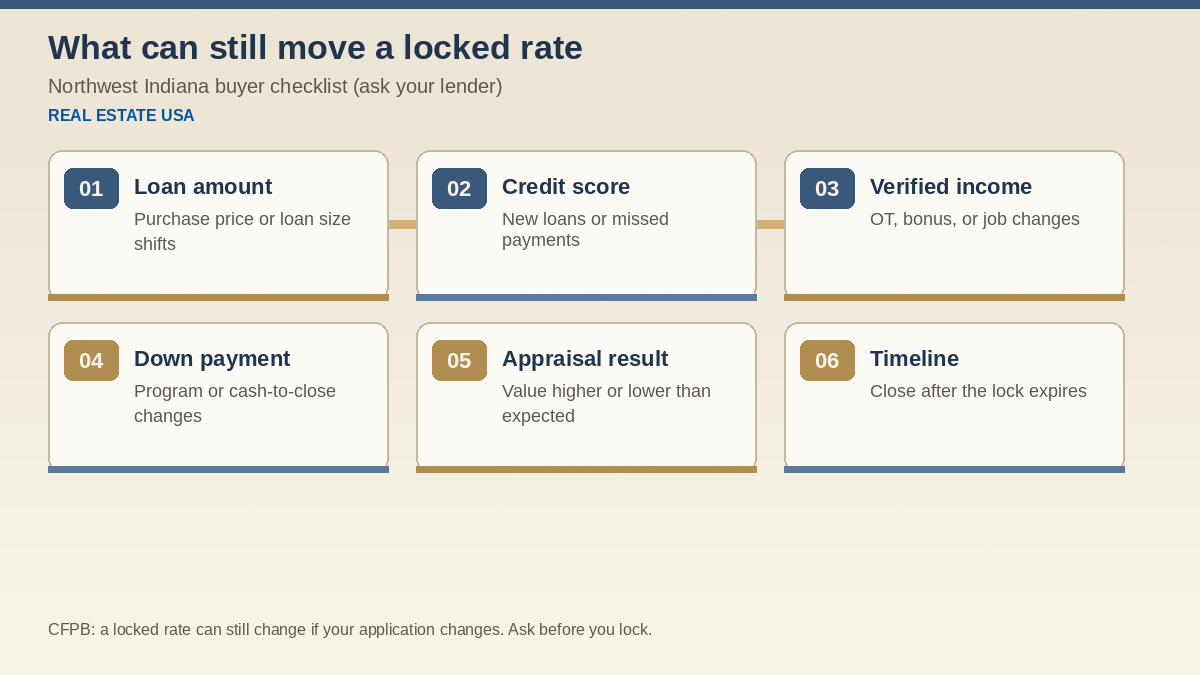 What can still move a locked mortgage rate checklist for Northwest Indiana buyers: loan amount, credit, income, down payment, appraisal, timeline